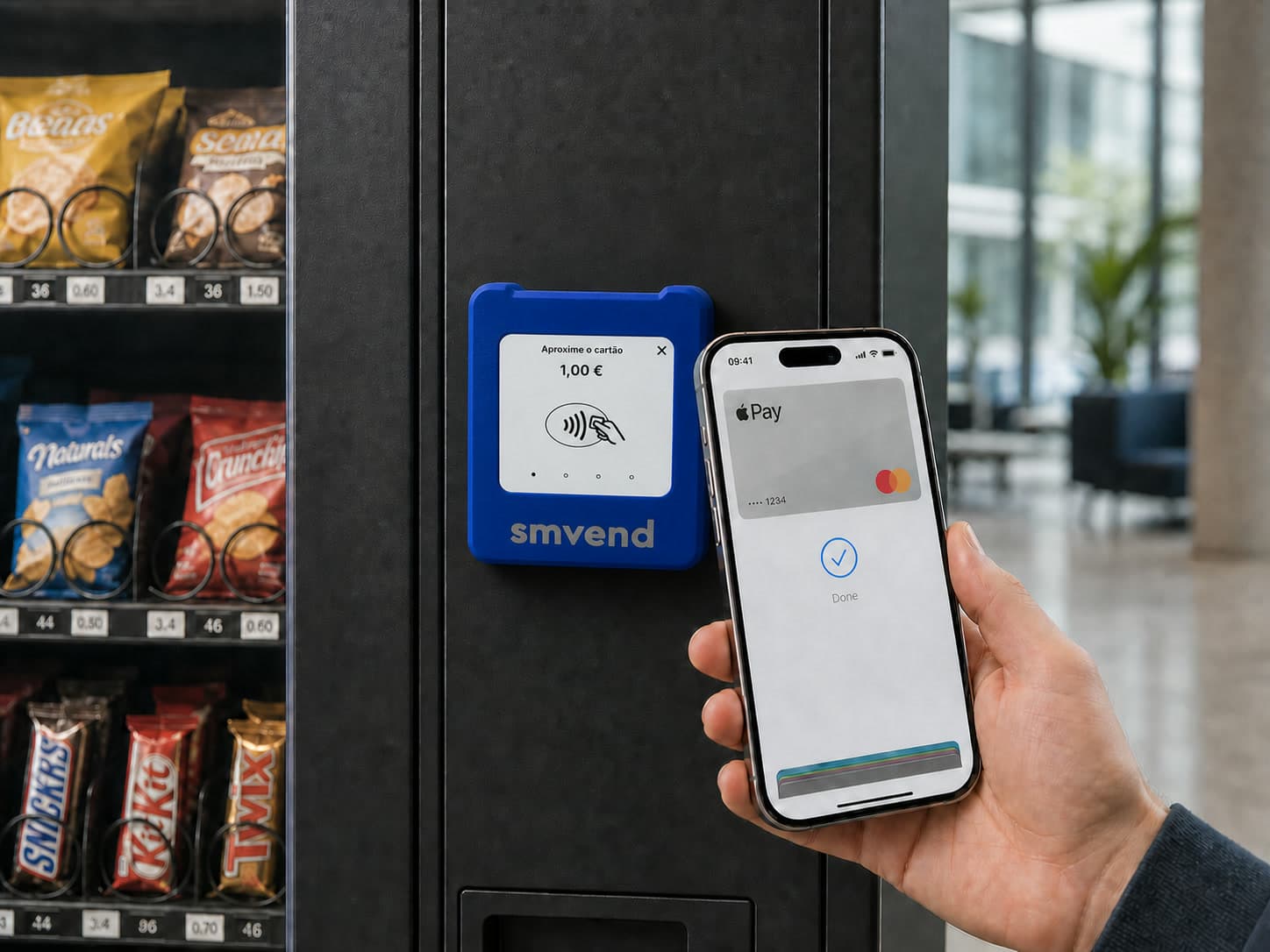 SumUp Solo instalado numa máquina de venda automática, pagamento com Apple Pay