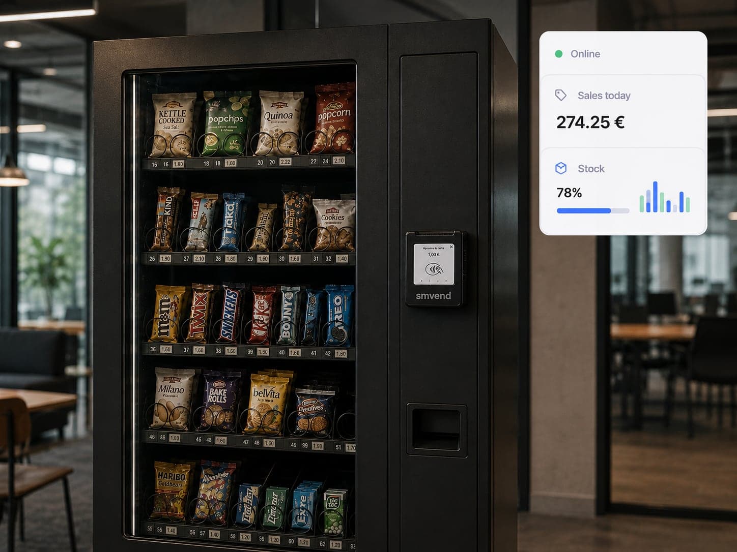 Máquina de venda automática ligada, telemetria de vendas e stock em direto